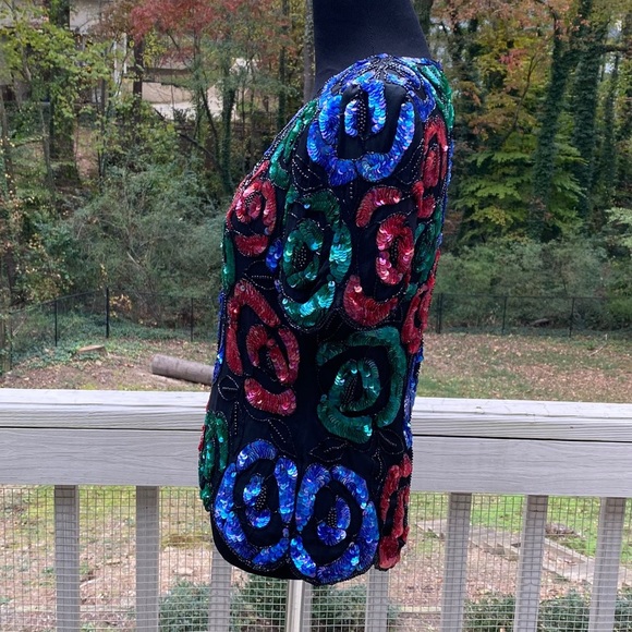 Vintage 80s Beaded Sequin Floral Silk Formal Top - Picture 7 of 13